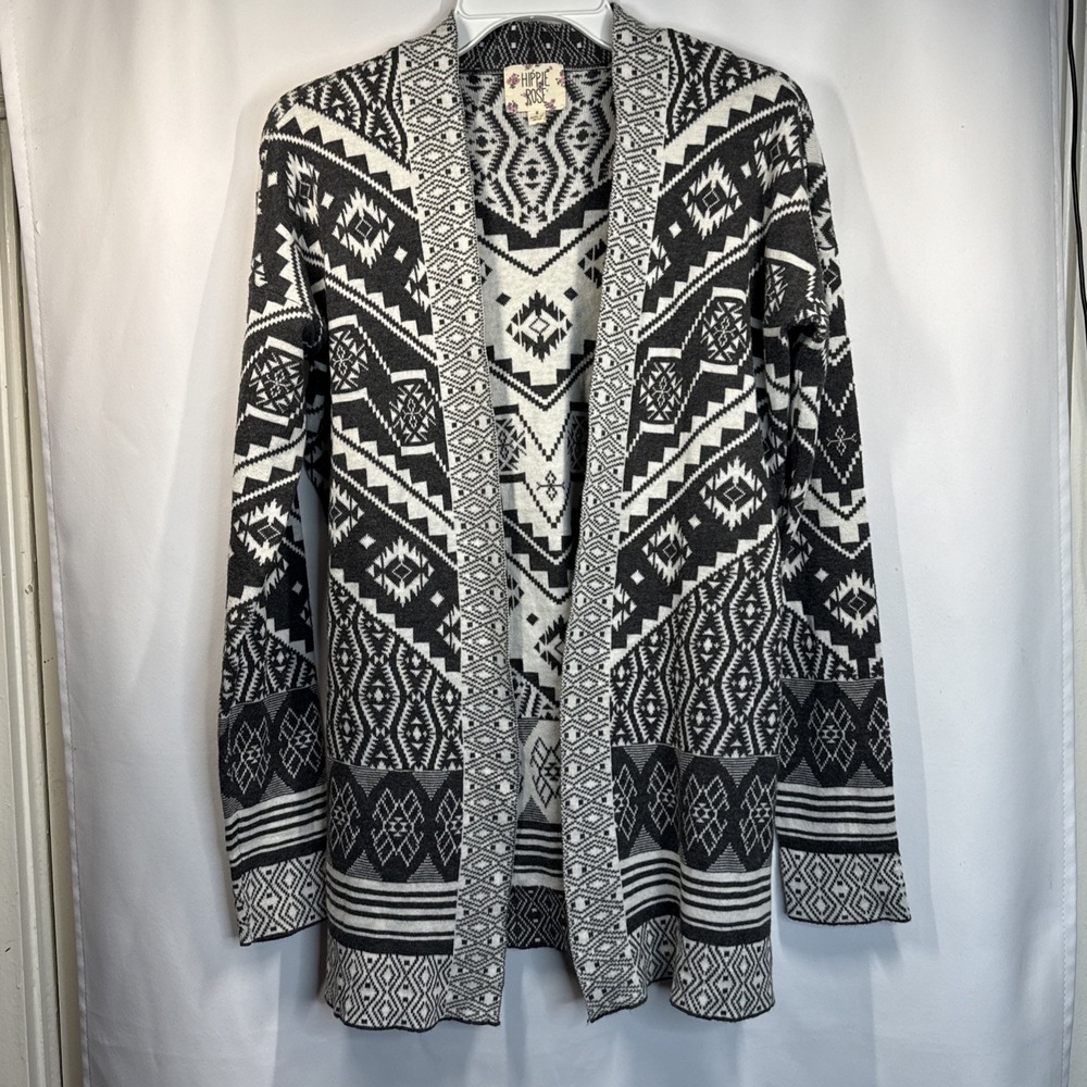 Hippie Rose Women Sz. Sm Aztec Black/Cream Long Sleeve Knit Cardigan Open Front